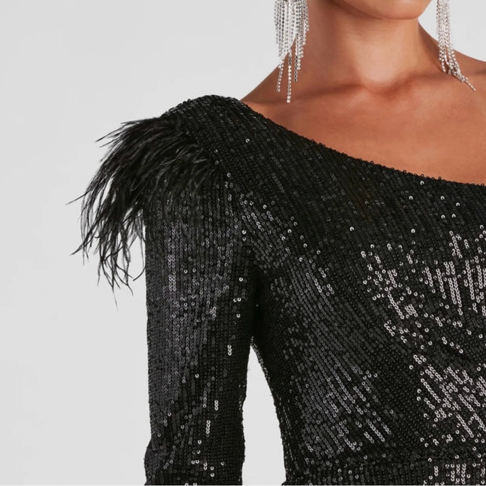 Windsor Black Sequin Asymmetrical Mini Dress - Picture 2 of 6